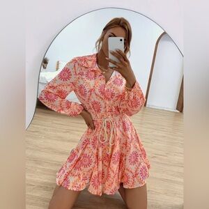 SHEIN Unity Allover Print Godet Hem Belted Shirt Dress